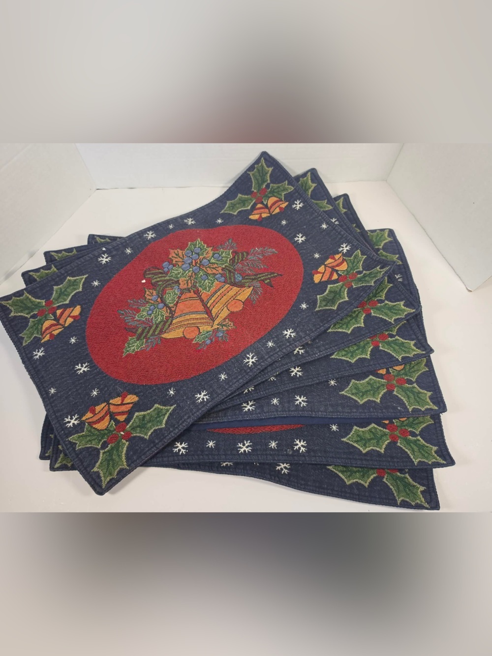 Vintage Set Of 6 Christmas Bell and Holly Tapestry Placemats Holiday 18"x12"